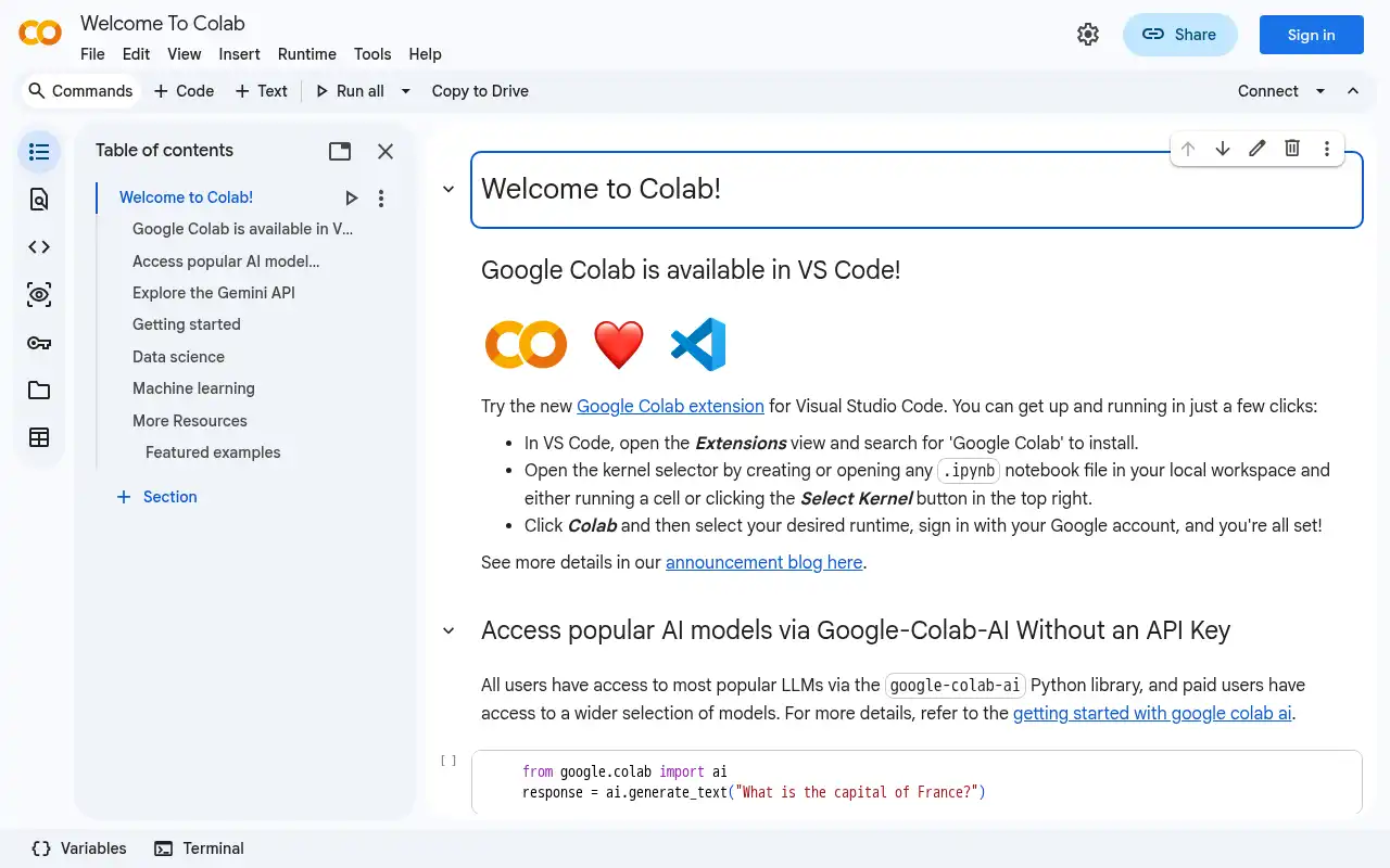Google Colab Landing Page