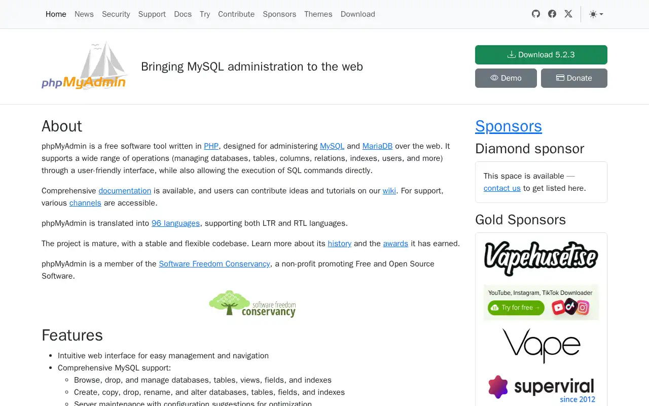 phpMyAdmin Landing Page