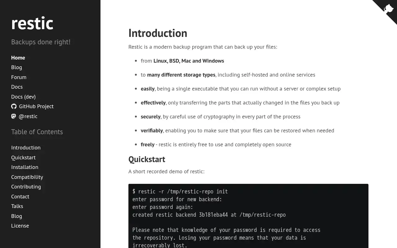Restic Landing Page